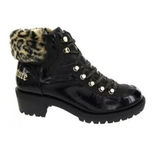 Juicy Couture Ankle Booties Black Patent Leopard Faux Fur Indulgence 7 New OOS
